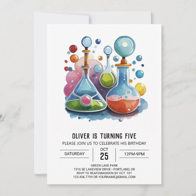  Printable Chemical Whimsy Scientist Birthday Invitation (Front)
