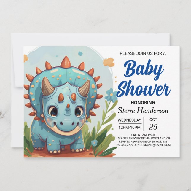 Printable Custom Whimsical Dinosaur Baby Shower Invitation (Front)