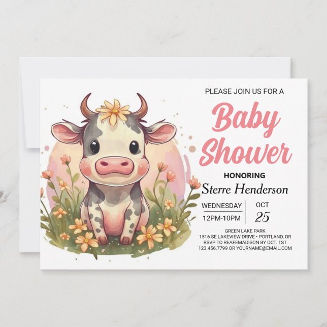 Printable Cute Barnyard Cow Baby Shower Invitation (Front)