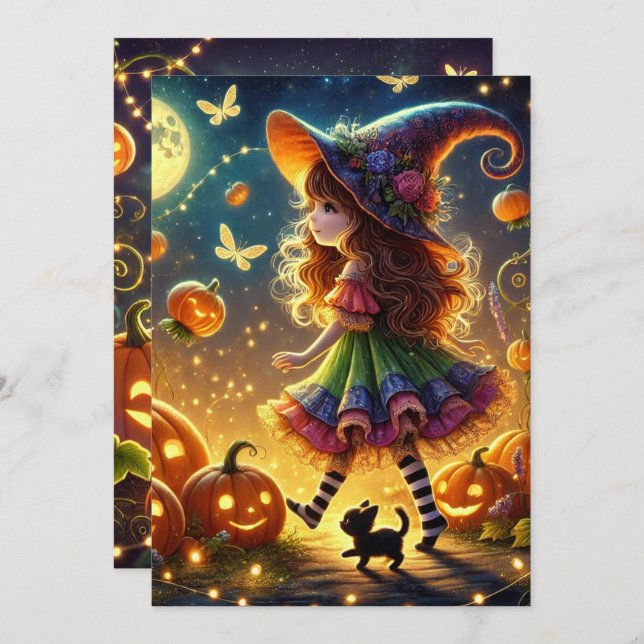 Printable Cute Whimsical Witch Halloween Pumpkins Invitation (Front/Back)