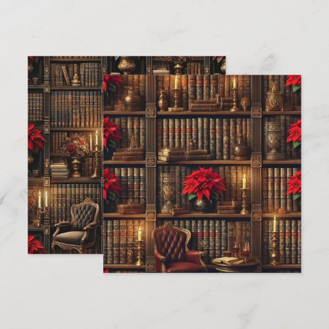 Printable Dark Academia Poinsettia Bookshelf Invitation (Front/Back)