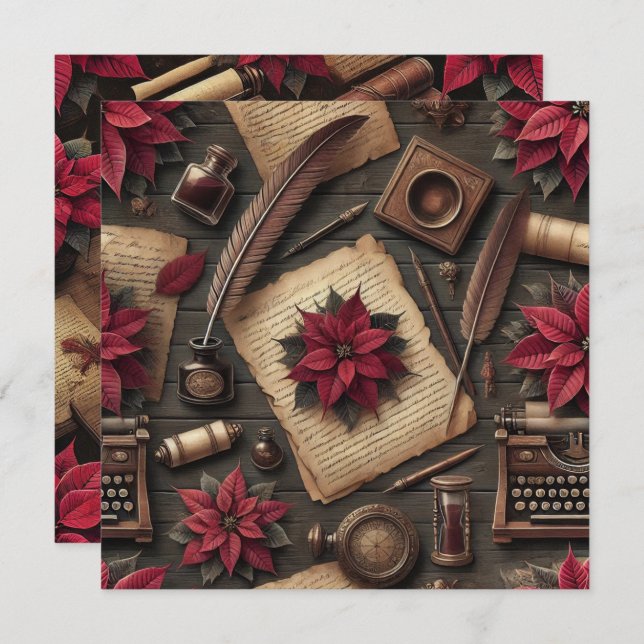 Printable Dark Academia Poinsettia Desk Scrapbook Invitation (Front/Back)