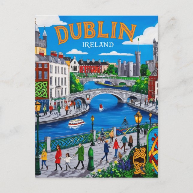 Printable Dublin Ireland Travel Art Vintage Postcard (Front)