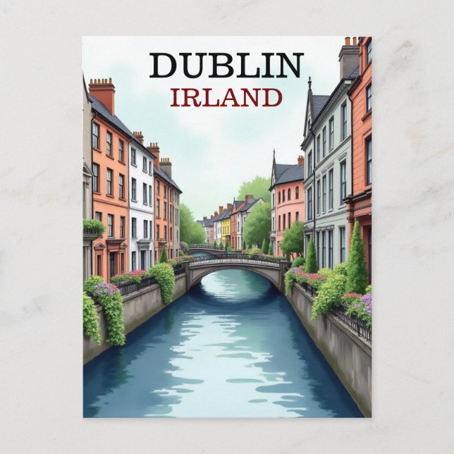 Printable Dublin Ireland Travel Art Vintage Postcard (Front)