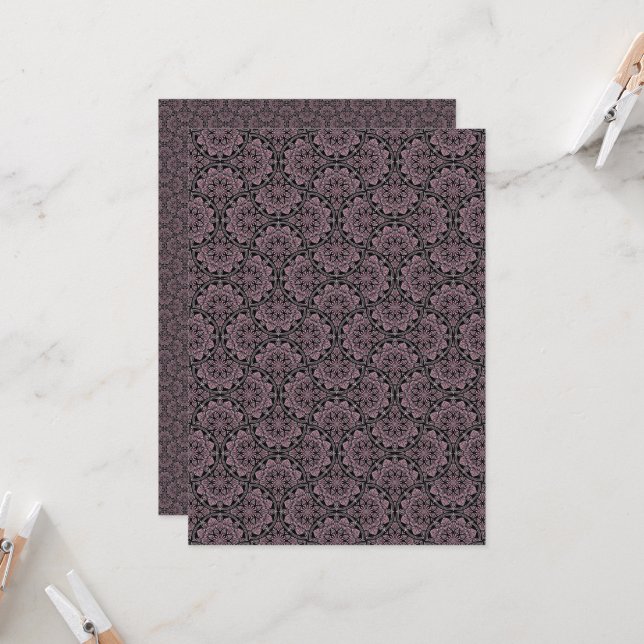 Printable Dusky Rose Fronds Fans Scrapbook Paper Invitation (Front/Back In Situ)