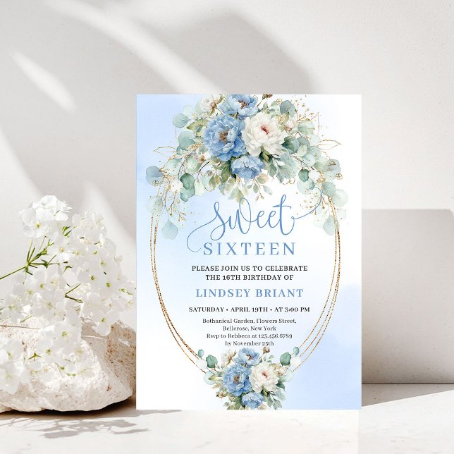 Printable Dusty Blue Floral Gold Sweet 16 Birthday Invitation (Printable Dusty Blue Floral Sweet 16 Birthday Invite)