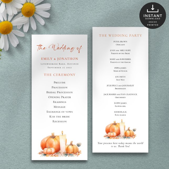 Printable Fall Pumpkins Candle Wedding Program Card (Front and back view)