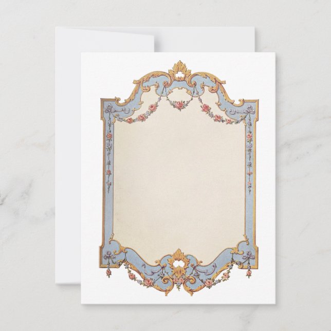 Printable Fancy French Frame Blue Gold Scroll Rose Invitation (Front)