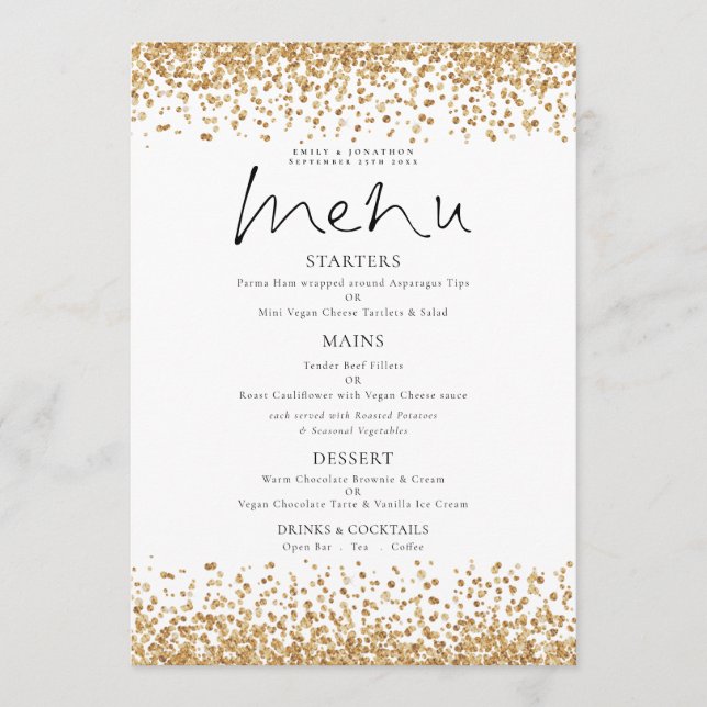 Printable Gold Glitter Script Wedding Menu Invitation (Front)