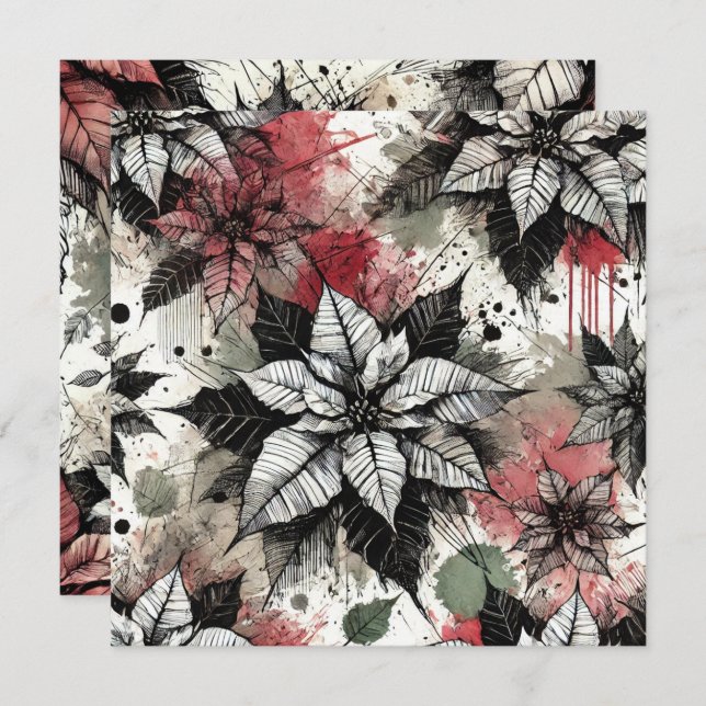 Printable Grungy Poinsettia Sketches Scrapbook Invitation (Front/Back)
