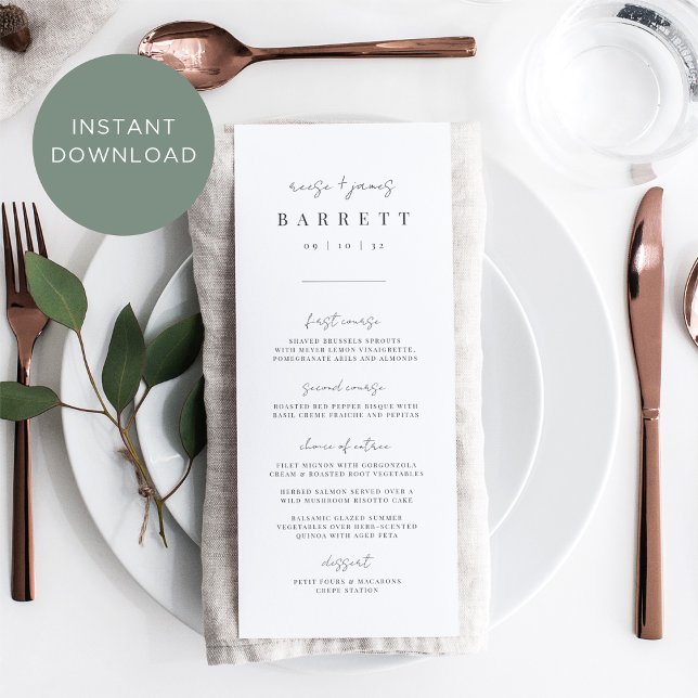 Printable Modern Minimal Wedding Menu Card (Creator Uploaded)