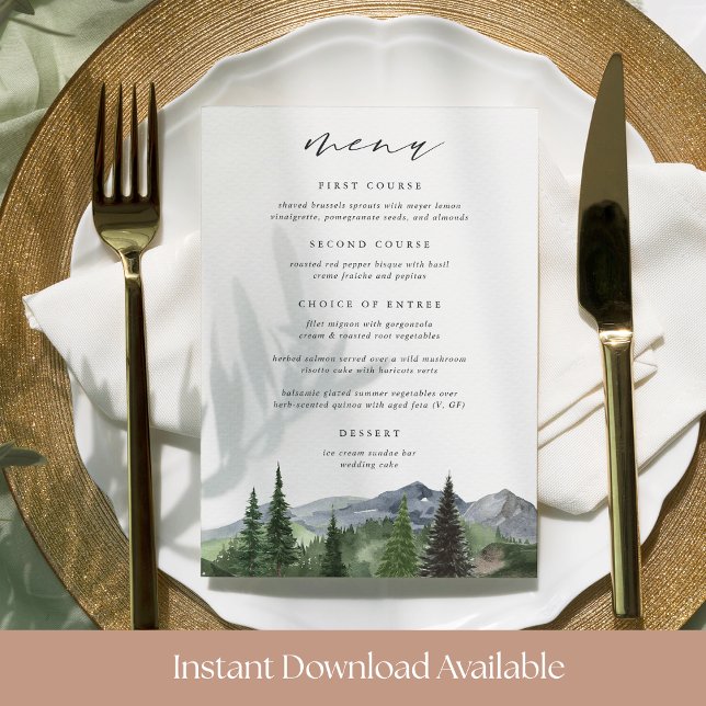 Printable Mountain Forest Wedding Menu Card (Creator Uploaded)