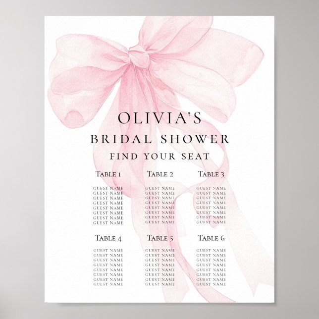 Printable Pink Bow Bridal Shower Seating Chart (Front)