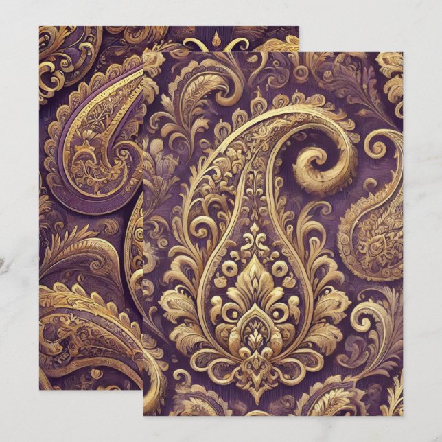 Printable Purple & Gold Victorian Paisley Pattern Invitation (Front/Back)