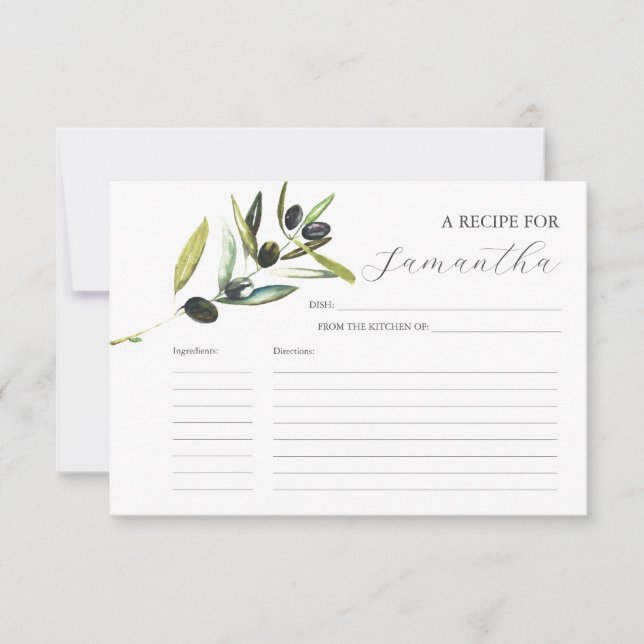 Printable Recipe Cards Watercolor Olive Branch (Front)