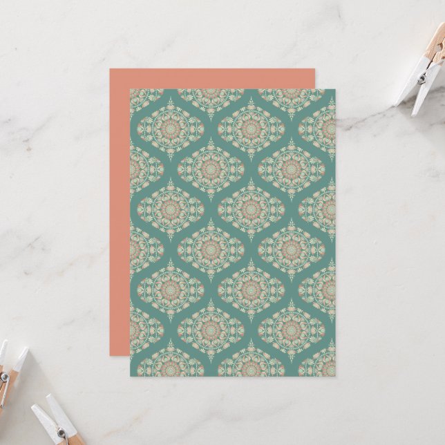 Printable Retro Sage & Sand Ornate Mandala Damask Invitation (Front/Back In Situ)