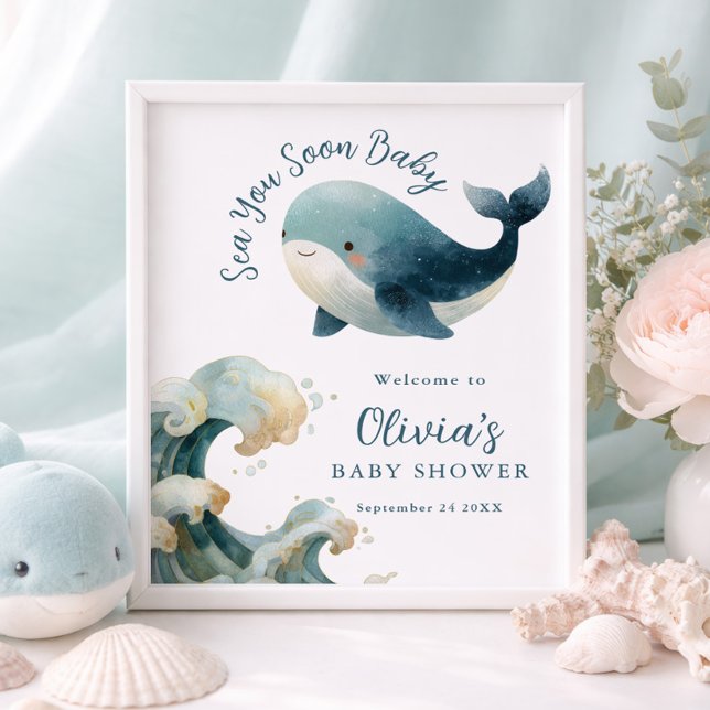 Printable Sea You Soon Whale Baby Shower White Poster (Creator Uploaded)