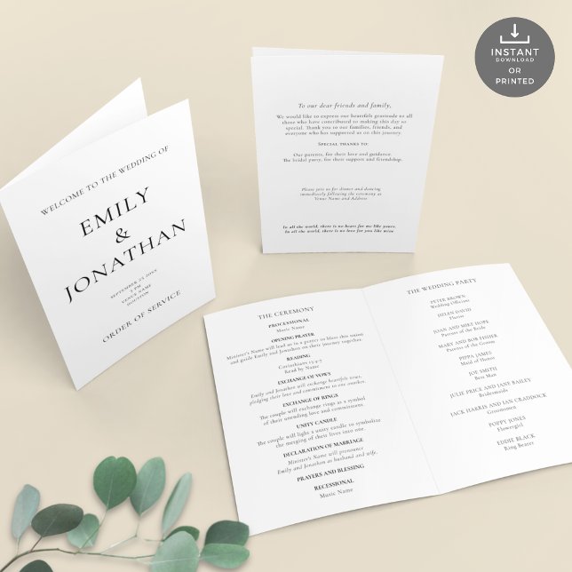 Printable Simple Church Folded Wedding Program Card (Views of front and back and inside)