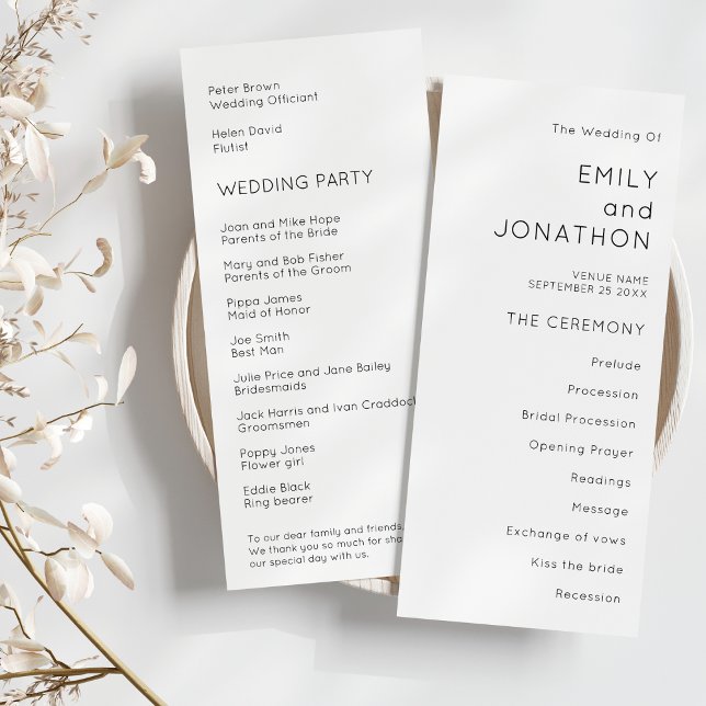Printable Simple Text Black White Wedding Program Invitation (Front and back view)