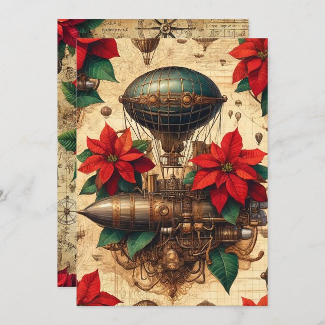 Printable Steampunk Airship with Poinsettia Invitation (Front/Back)