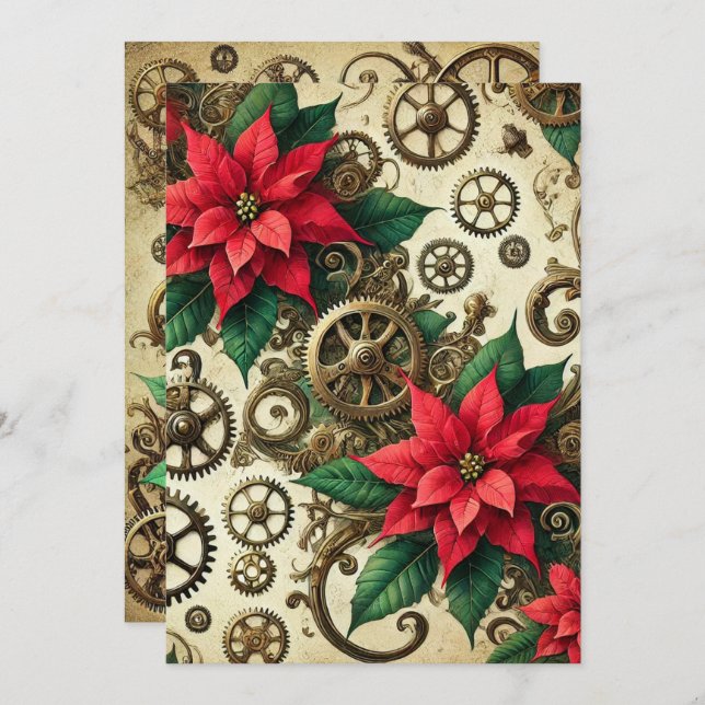 Printable Steampunk Cogs and Gears with Poinsettia Invitation (Front/Back)