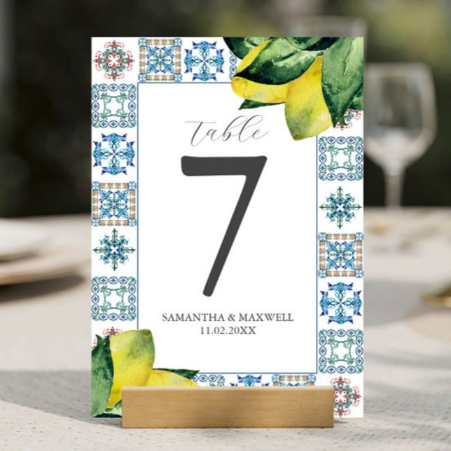 Printable Table Number Amalfi Tile & Lemons (Amalfi tile and watercolor lemons wedding theme table number by Victoria Grigaliunas Do Tell A Belle)
