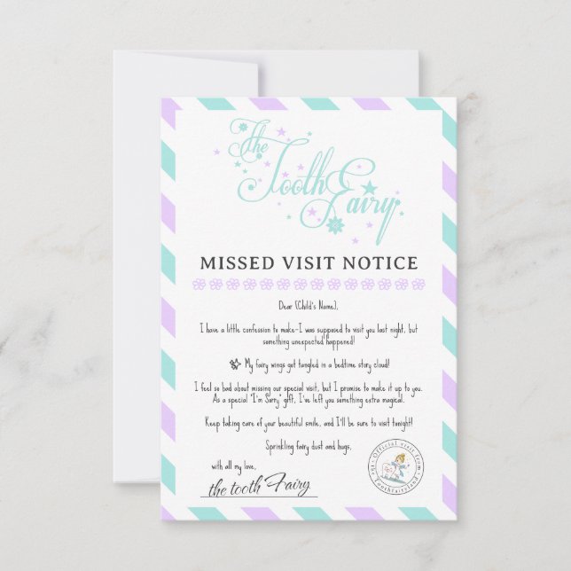 Printable Tooth Fairy Apology Letter Note Card (Front)