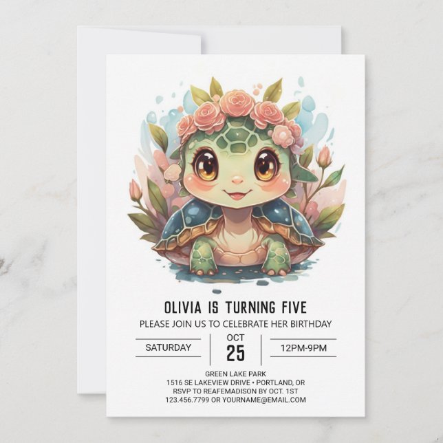 Printable Turtle Girl Birthday Invitation (Front)
