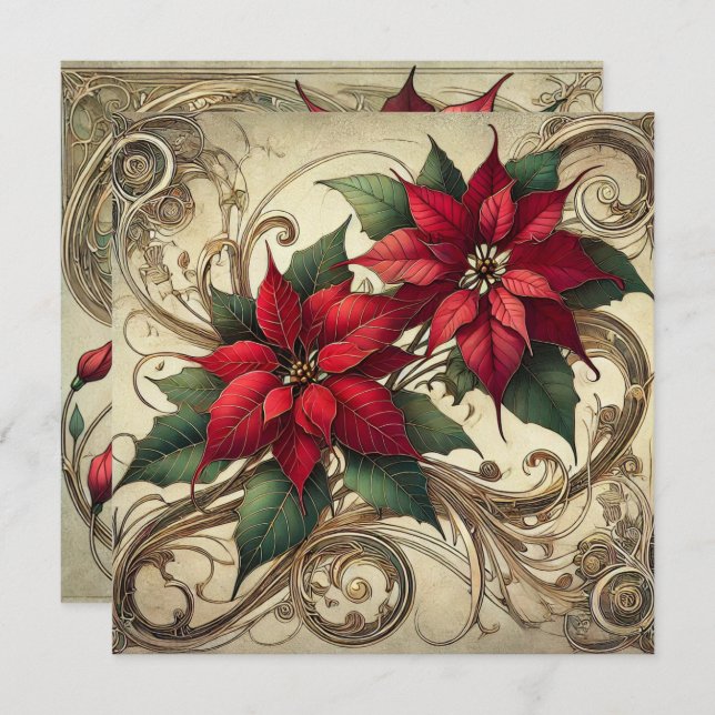 Printable Vintage Art Nouveau Christmas Poinsettia Invitation (Front/Back)