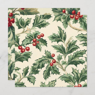 Printable Vintage Christmas Holly Pattern Paper Invitation