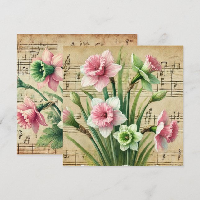 Printable Vintage Pink & Green Daffodils Scrapbook Invitation (Front/Back)