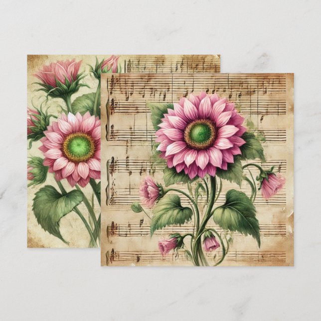 Printable Vintage Pink & Green Sunflower Scrapbook Invitation (Front/Back)