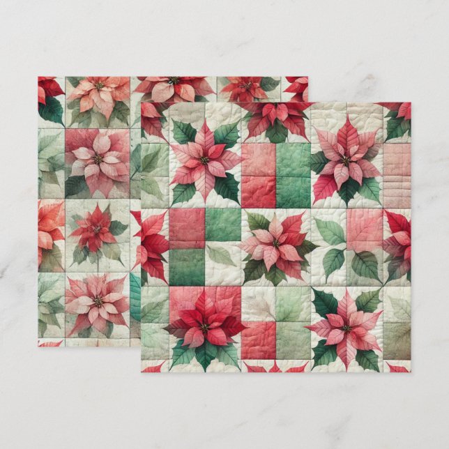 Printable Watercolor Patchwork Poinsettia Paper Invitation (Front/Back)