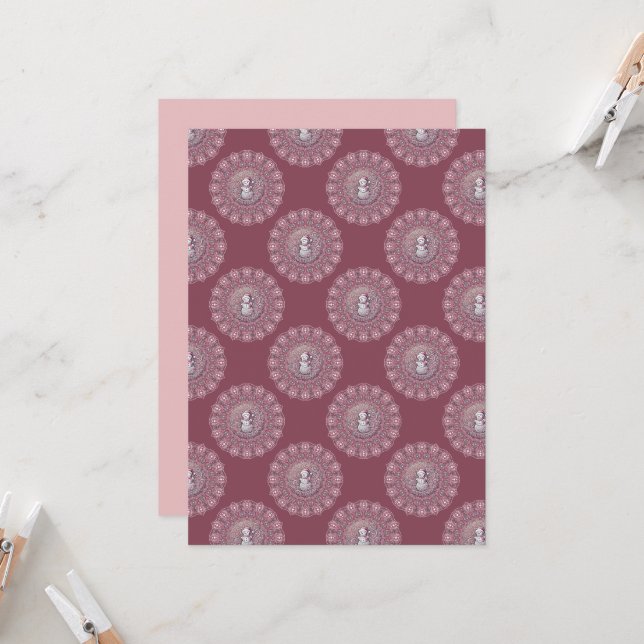 Printable Whimsical Pink Snowman Polka Dot Mandala Invitation (Front/Back In Situ)
