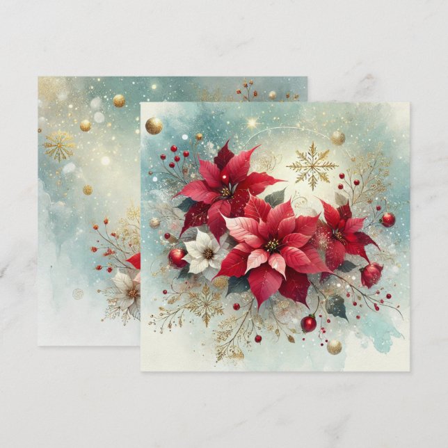 Printable Whimsical Snowy Poinsettia Christmas Invitation (Front/Back)