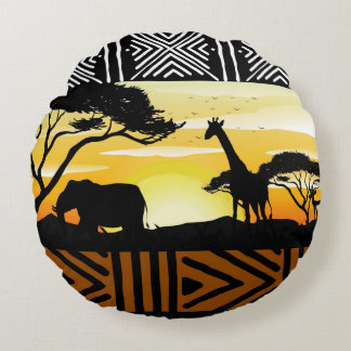 Printed African Safari Scene Round Pillow
