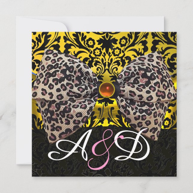 PRINTED ANIMAL FUR BOW GOLD BLACK DAMASK MONOGRAM INVITATION (Front)