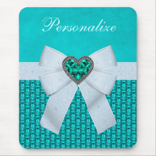 Printed Aquamarine Heart Faux Jewel & Bow Mouse Mat