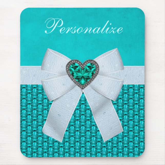 Printed Aquamarine Heart Faux Jewel & Bow Mouse Mat (Front)