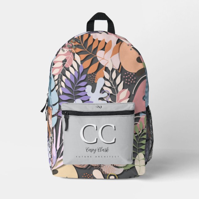 Printed Backpack : Abstract Leaves (grey) (Front)