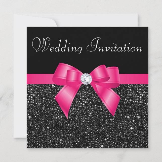 Printed Black Sequins and Hot Pink Bow Wedding Invitation (Front)