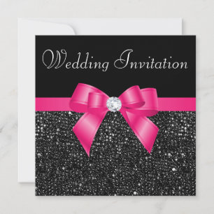 Printed Black Sequins and Hot Pink Bow Wedding Invitation