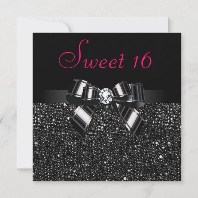 Printed Black Sequins, Bow & Diamond Pink Sweet 16 Invitation (Front)