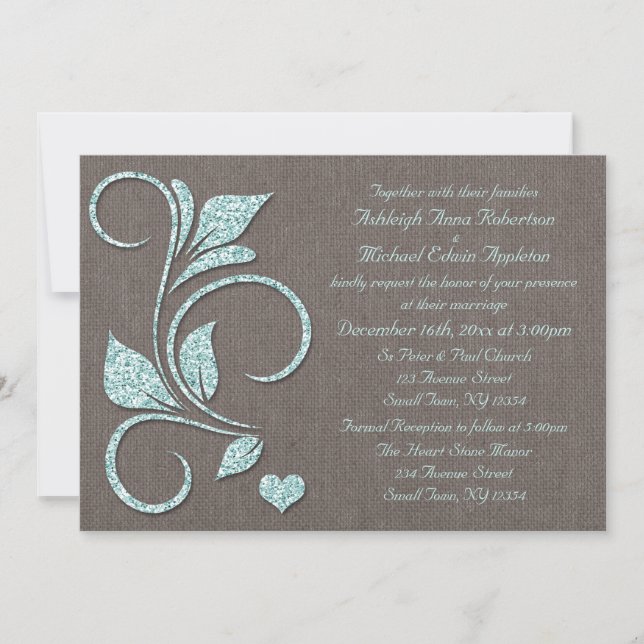 Printed Blue Glitter Rustic Wedding Invitations (Front)