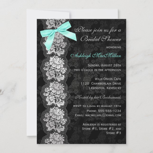 PRINTED BOW Black Floral Lace Bridal Shower Invite (Front)