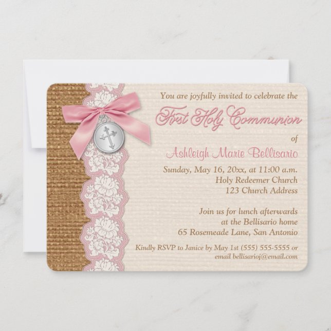 PRINTED BOW & CHARM First Holy Communion Invite (Front)