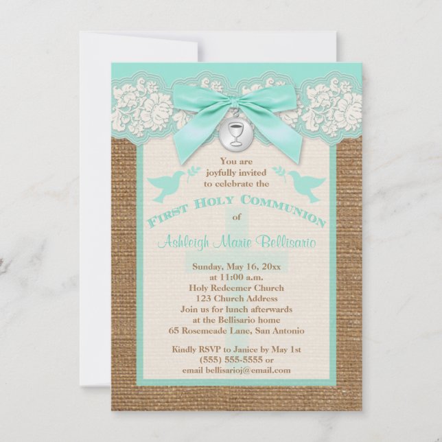 PRINTED BOW & CHARM First Holy Communion Invite (Front)