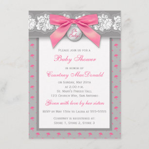 PRINTED BOW Grey Floral Lace Baby Shower Invite