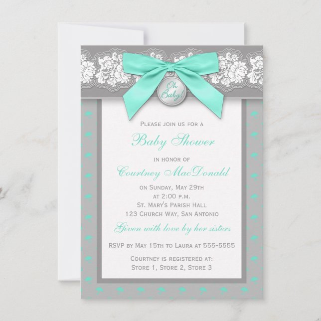 PRINTED BOW Grey Floral Lace Baby Shower Invite (Front)