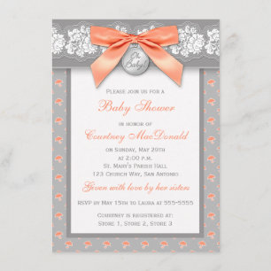 PRINTED BOW Grey Floral Lace Baby Shower Invite